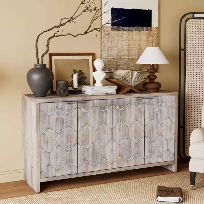 Buffet de salle à manger, armoire de rangement de cuisine avec 4 poignées de porte en métal, meuble de bar à café à motif hexagonal