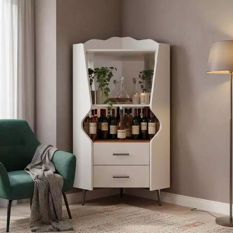 Homy Casa Modern Corner Bar Cabinet with Shelves and Drawers, for Dining or Living Room, White