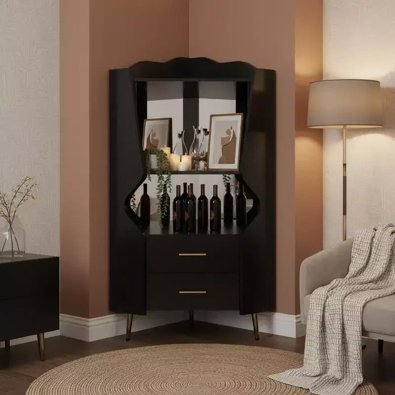Homy Casa Modern Corner Bar Cabinet with Shelves and Drawers, for Dining or Living Room, Black