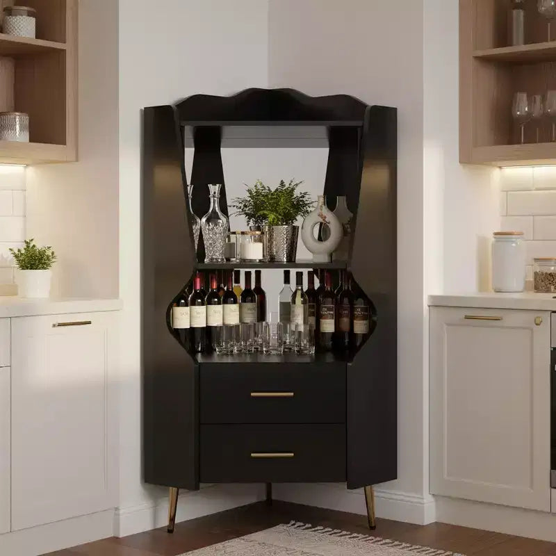 Meuble d'angle bar moderne avec étagères et tiroirs, pour salle à manger ou salon, placard noir