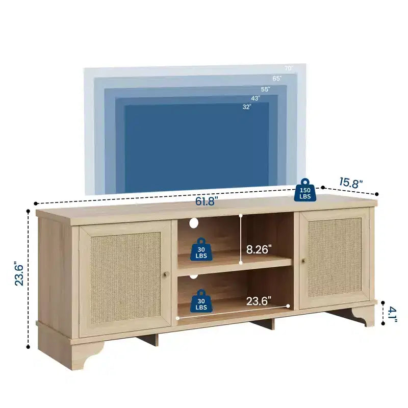 Meuble TV en rotin pour téléviseurs jusqu'à 70 pouces, meuble de divertissement bohème avec placards et étagères ouvertes, console multimédia en bois pour salon