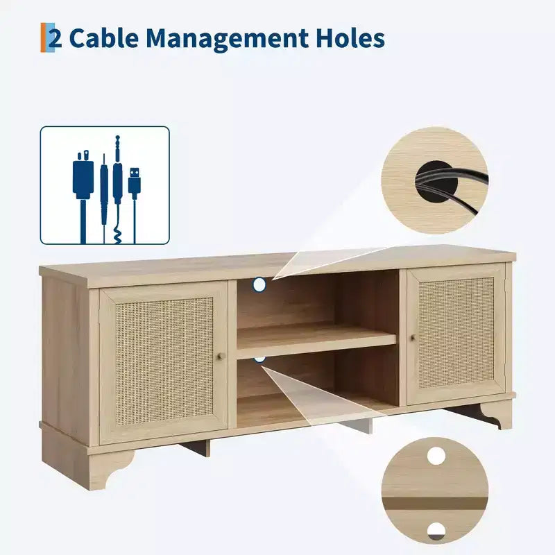 Meuble TV en rotin pour téléviseurs jusqu'à 70 pouces, meuble de divertissement bohème avec placards et étagères ouvertes, console multimédia en bois pour salon