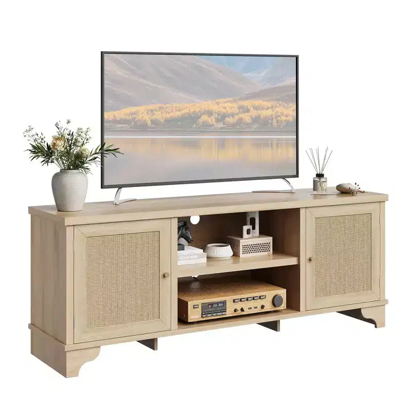 Meuble TV en rotin pour téléviseurs jusqu'à 70 pouces, meuble de divertissement bohème avec placards et étagères ouvertes, console multimédia en bois pour salon