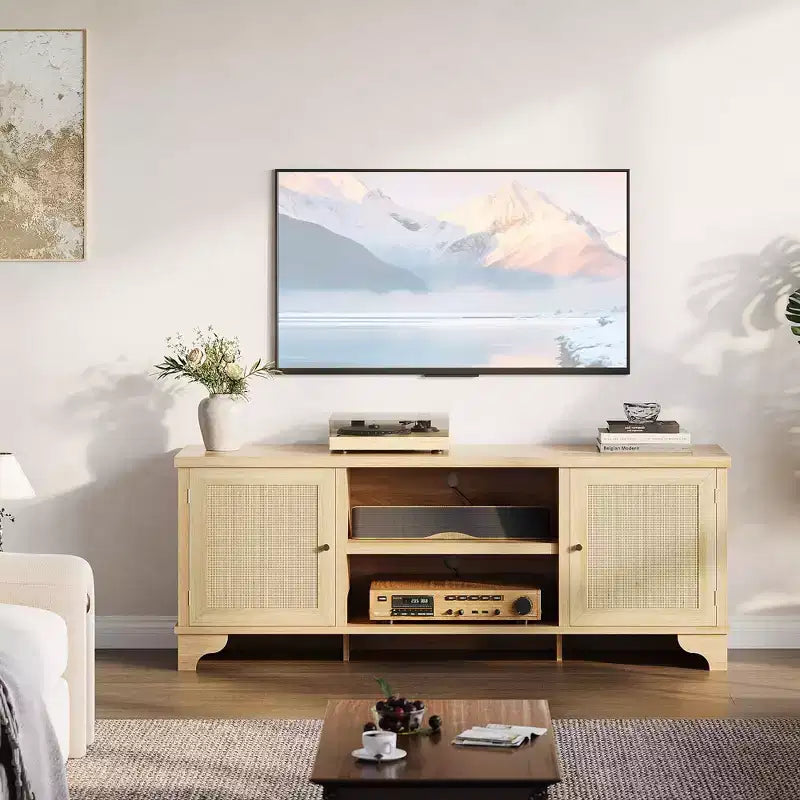 Meuble TV en rotin pour téléviseurs jusqu'à 70 pouces, meuble de divertissement bohème avec placards et étagères ouvertes, console multimédia en bois pour salon