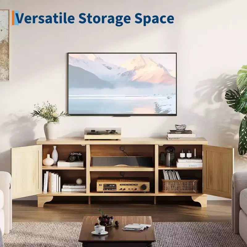 Meuble TV en rotin pour téléviseurs jusqu'à 70 pouces, meuble de divertissement bohème avec placards et étagères ouvertes, console multimédia en bois pour salon