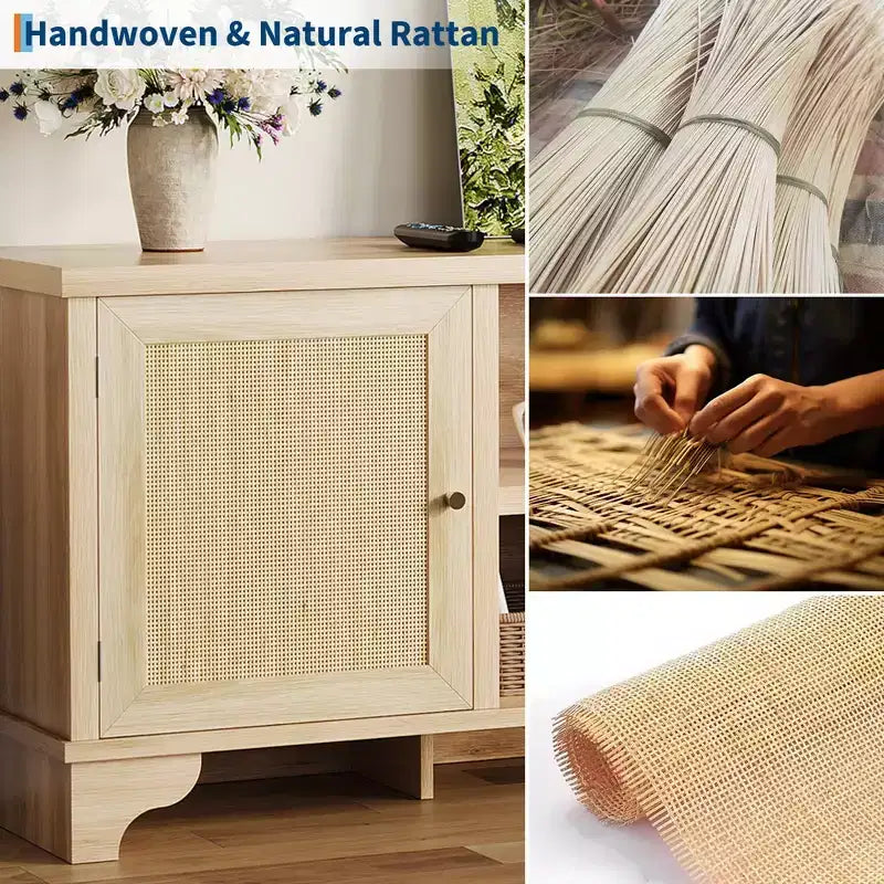 Meuble TV en rotin pour téléviseurs jusqu'à 70 pouces, meuble de divertissement bohème avec placards et étagères ouvertes, console multimédia en bois pour salon