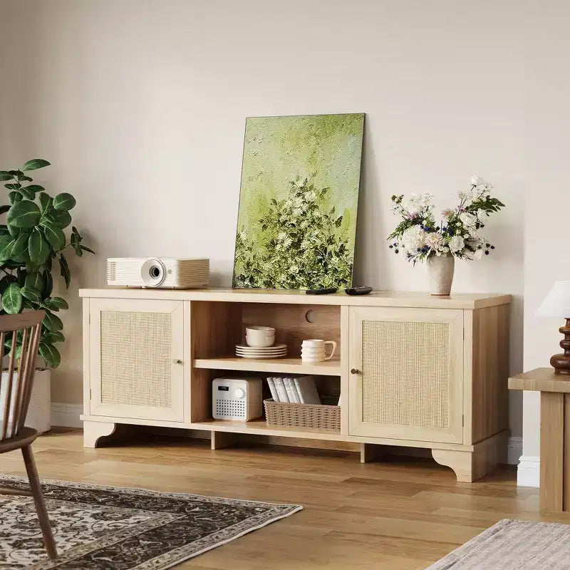 Meuble TV en rotin pour téléviseurs jusqu'à 70 pouces, meuble de divertissement bohème avec placards et étagères ouvertes, console multimédia en bois pour salon