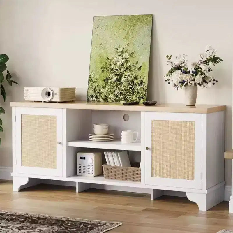 Meuble TV en rotin pour téléviseurs jusqu'à 70 pouces, meuble de divertissement bohème avec placards et étagères ouvertes, console multimédia en bois pour salon