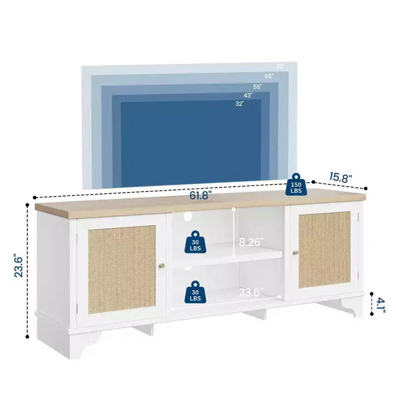 Meuble TV en rotin pour téléviseurs jusqu'à 70 pouces, meuble de divertissement bohème avec placards et étagères ouvertes, console multimédia en bois pour salon