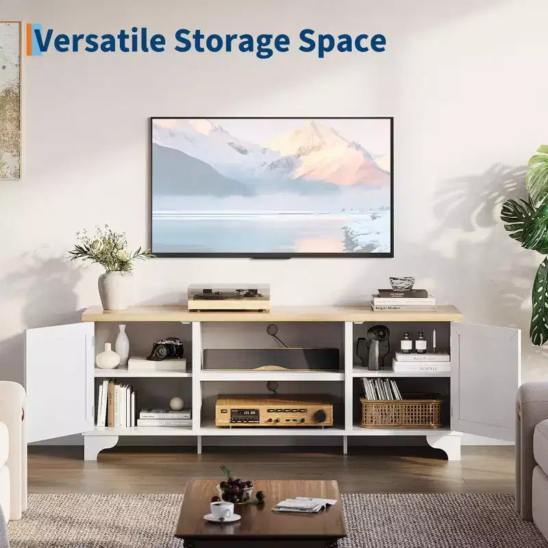 Meuble TV en rotin pour téléviseurs jusqu'à 70 pouces, meuble de divertissement bohème avec placards et étagères ouvertes, console multimédia en bois pour salon