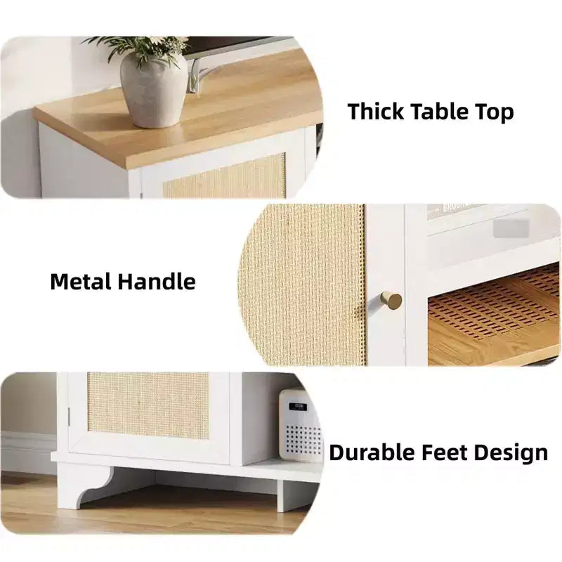 Meuble TV en rotin pour téléviseurs jusqu'à 70 pouces, meuble de divertissement bohème avec placards et étagères ouvertes, console multimédia en bois pour salon
