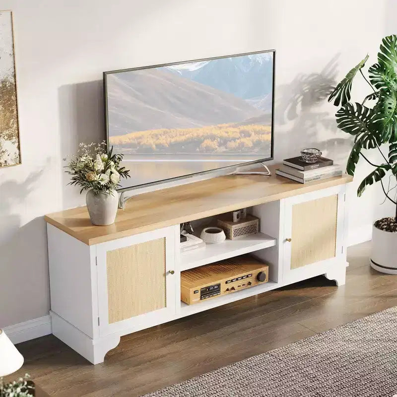 Meuble TV en rotin pour téléviseurs jusqu'à 70 pouces, meuble de divertissement bohème avec placards et étagères ouvertes, console multimédia en bois pour salon