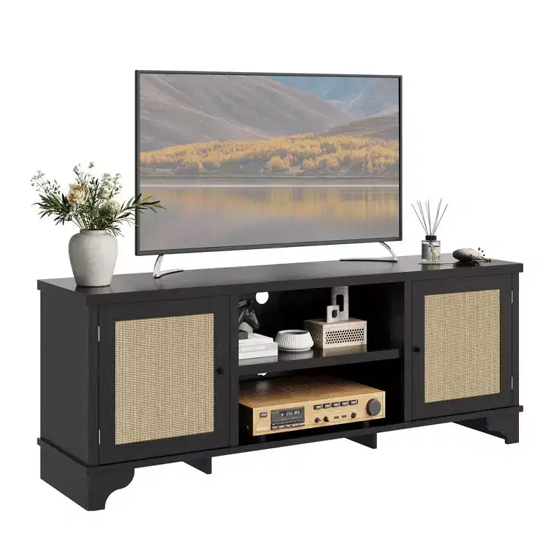 Meuble TV en rotin pour téléviseurs jusqu'à 70 pouces, meuble de divertissement bohème avec placards et étagères ouvertes, console multimédia en bois pour salon