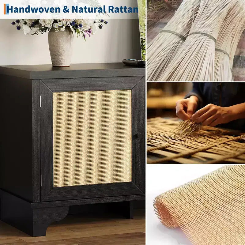 Meuble TV en rotin pour téléviseurs jusqu'à 70 pouces, meuble de divertissement bohème avec placards et étagères ouvertes, console multimédia en bois pour salon