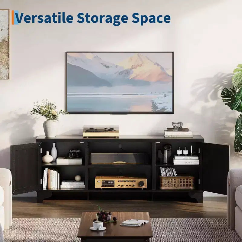 Meuble TV en rotin pour téléviseurs jusqu'à 70 pouces, meuble de divertissement bohème avec placards et étagères ouvertes, console multimédia en bois pour salon