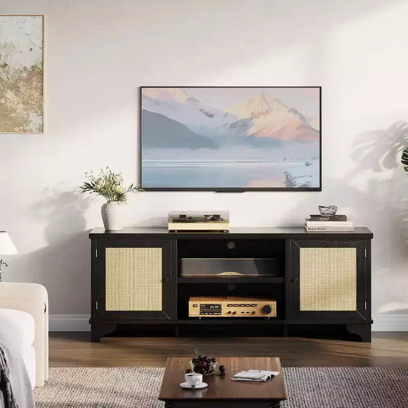 Meuble TV en rotin pour téléviseurs jusqu'à 70 pouces, meuble de divertissement bohème avec placards et étagères ouvertes, console multimédia en bois pour salon