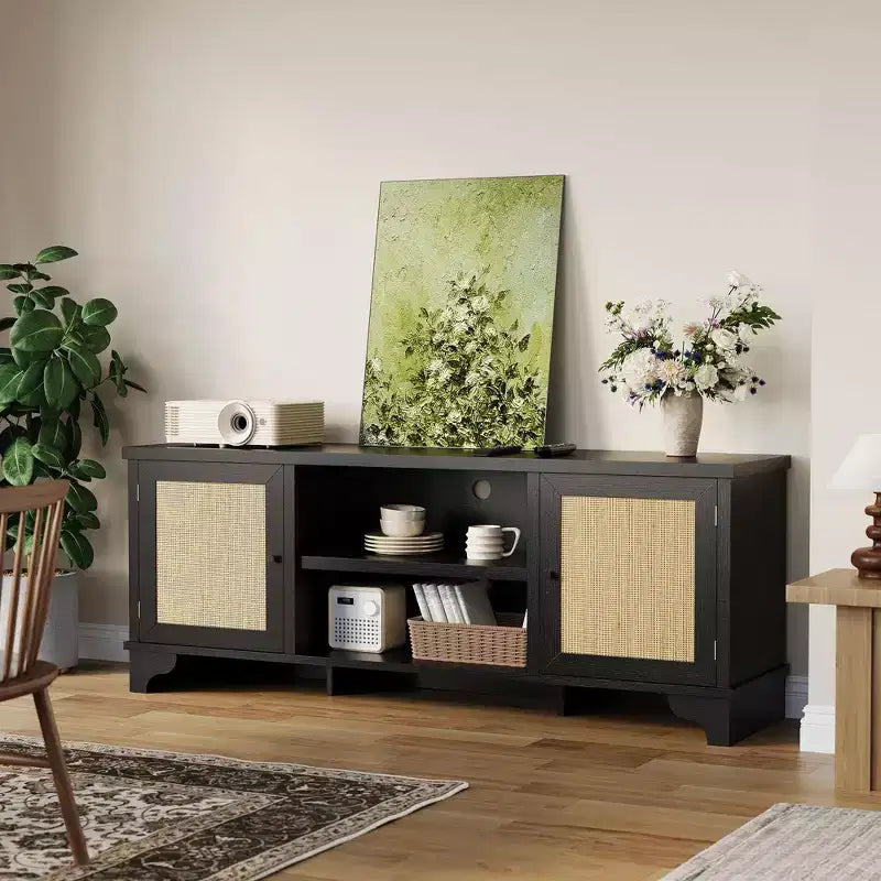 Meuble TV en rotin pour téléviseurs jusqu'à 70 pouces, meuble de divertissement bohème avec placards et étagères ouvertes, console multimédia en bois pour salon