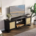 Rattan TV Stand Fits TVs Up to 70 Inches, Boho Entertainment Center with Cabinets and Open Shelves, Wooden Media Console Table for Living Room