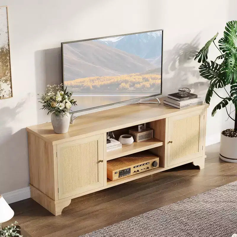 Meuble TV en rotin pour téléviseurs jusqu'à 70 pouces, meuble de divertissement bohème avec placards et étagères ouvertes, console multimédia en bois pour salon