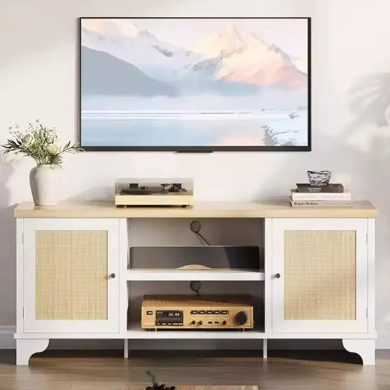 Meuble TV en rotin pour téléviseurs jusqu'à 70 pouces, meuble de divertissement bohème avec placards et étagères ouvertes, console multimédia en bois pour salon