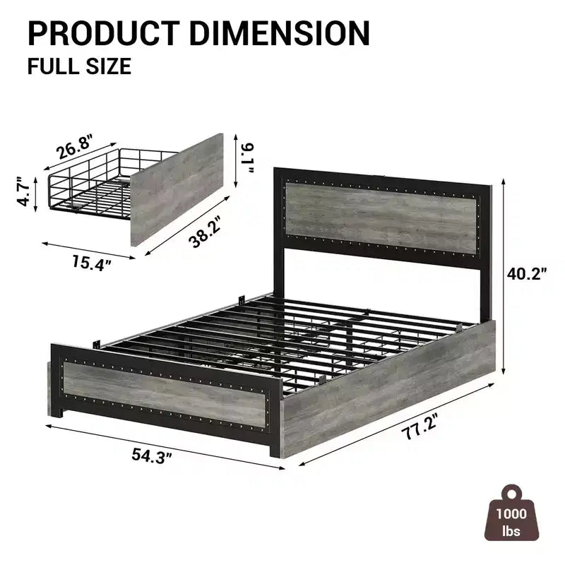 Cadre de lit double avec 4 tiroirs de rangement, support à lattes métalliques, pas besoin de sommier tapissier, conception silencieuse