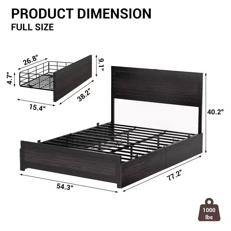 Cadre de lit double avec 4 tiroirs de rangement, support à lattes métalliques, pas besoin de sommier tapissier, conception silencieuse
