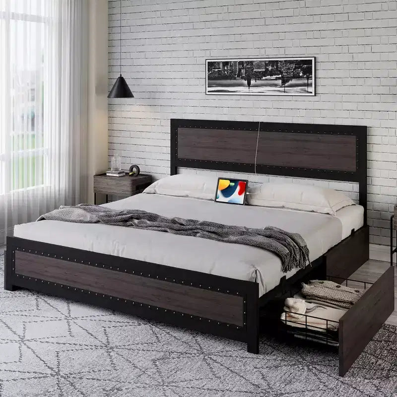 Full Size Bed Frame with 4 Storage Drawers, Metal Slats Support, No Box Spring Needed, Noise-Free Design