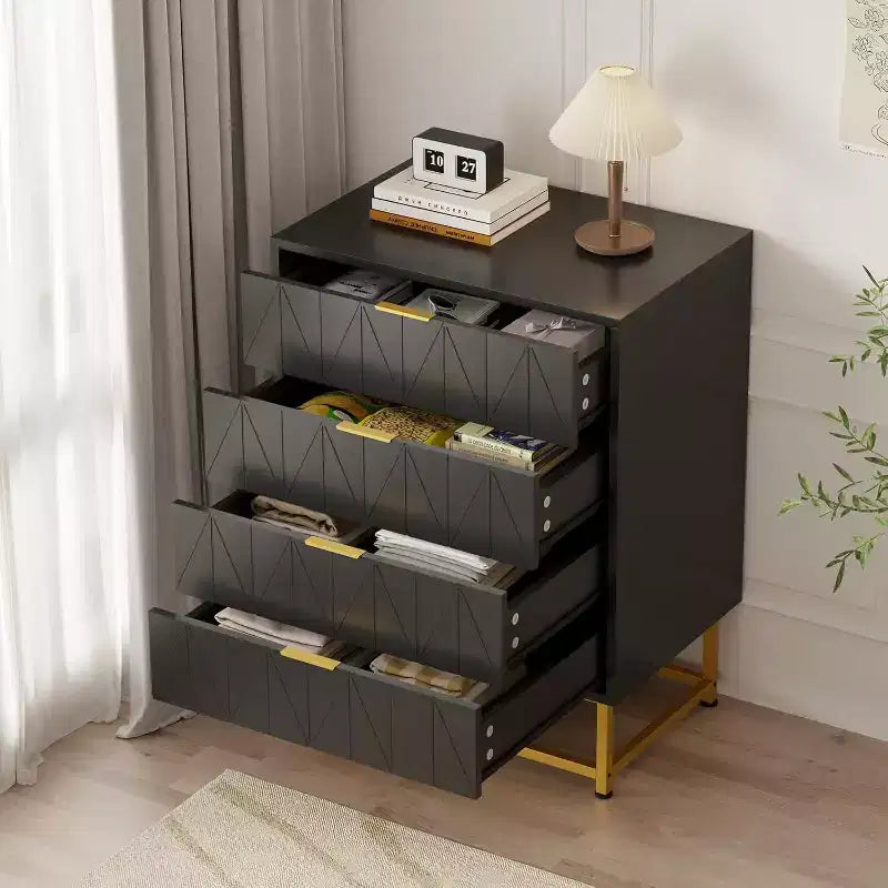 Meuble TV, table de chevet, table d'appoint, meuble de rangement avec poignées métalliques, commode à 4 tiroirs, petite armoire de rangement pour chambre, salon
