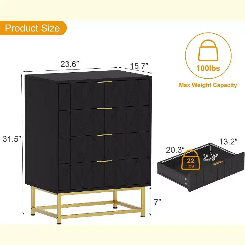 Meuble TV, table de chevet, table d'appoint, meuble de rangement avec poignées métalliques, commode à 4 tiroirs, petite armoire de rangement pour chambre, salon