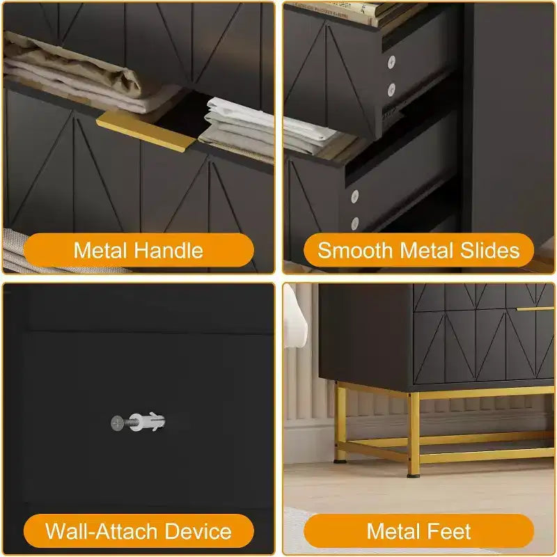 Meuble TV, table de chevet, table d'appoint, meuble de rangement avec poignées métalliques, commode à 4 tiroirs, petite armoire de rangement pour chambre, salon