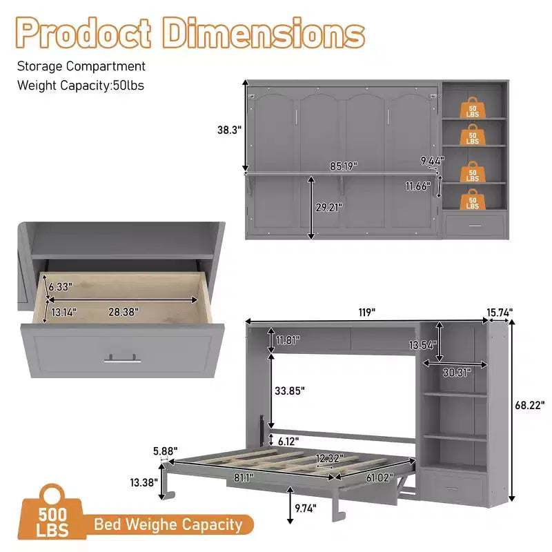 Lit plateforme pliable Queen size et lit escamotable avec compartiments de rangement à hauteur réglable