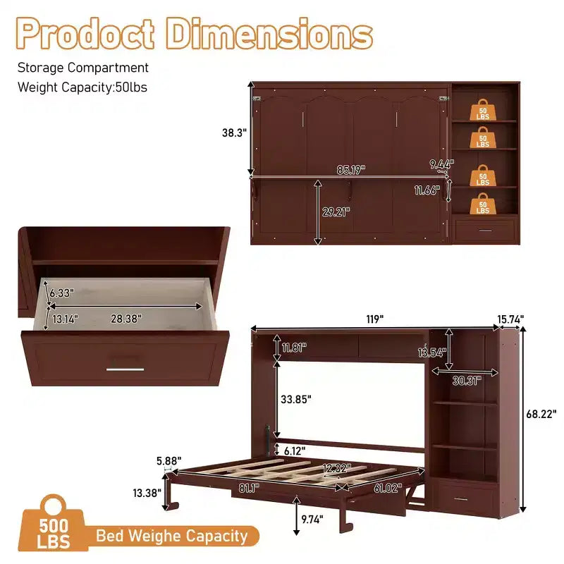 Lit plateforme pliable Queen size et lit escamotable avec compartiments de rangement à hauteur réglable