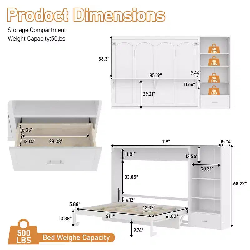 Lit plateforme pliable Queen size et lit escamotable avec compartiments de rangement à hauteur réglable