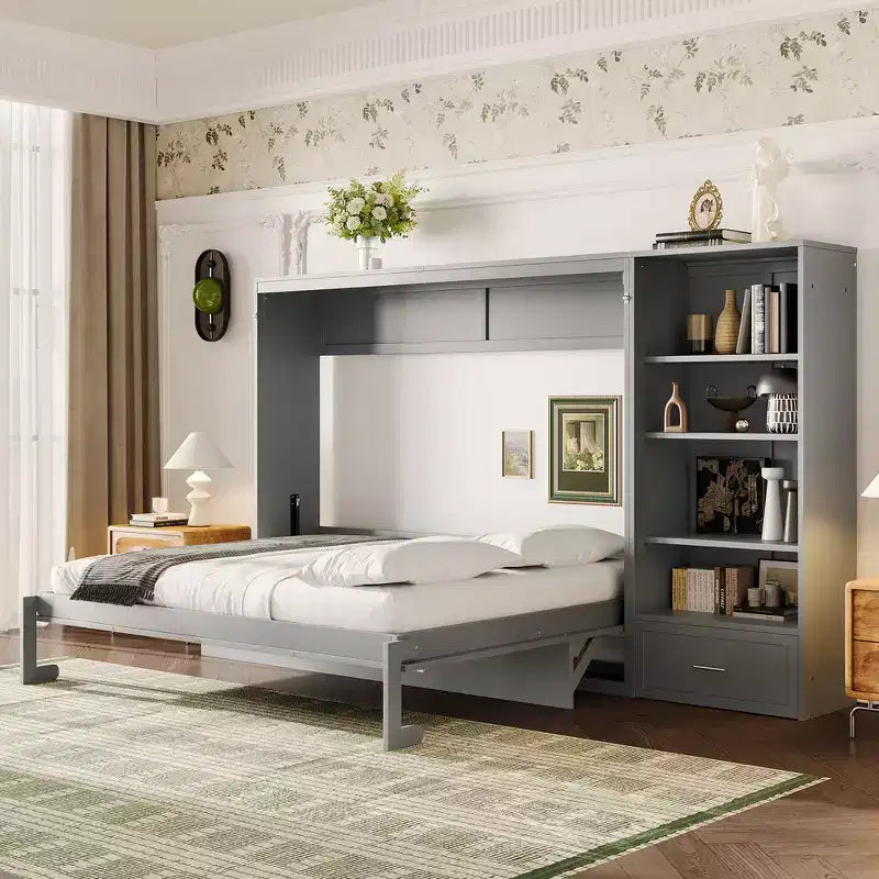 Whisen Queen Foldable Platform Bed & Murphy Bed with Height Adjustable Storage Compartments