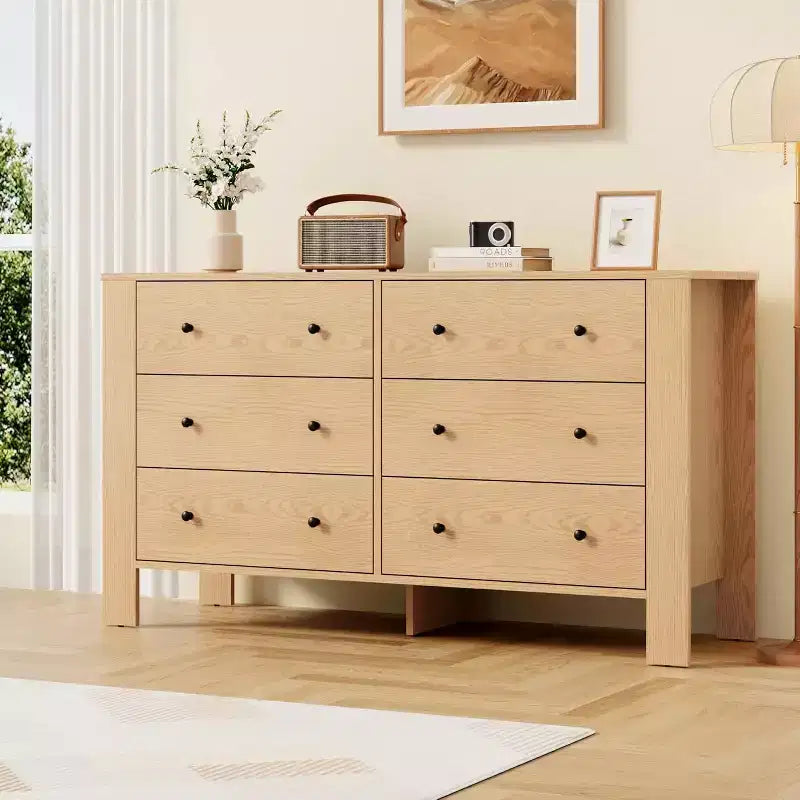 Natural Oak 6 Drawer Dresser for Bedroom, Modern Wide Dresser Organizer with Storage Drawers