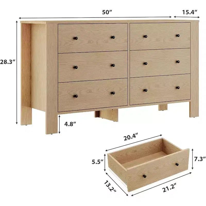 Commode 6 tiroirs en chêne naturel pour chambre à coucher, organiseur moderne et large avec tiroirs de rangement
