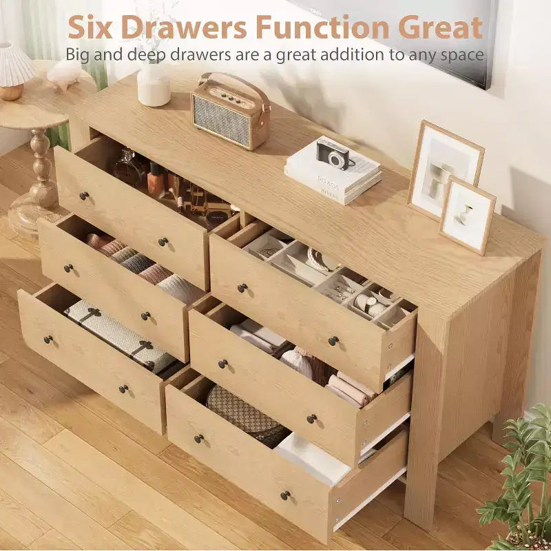 Commode 6 tiroirs en chêne naturel pour chambre à coucher, organiseur moderne et large avec tiroirs de rangement