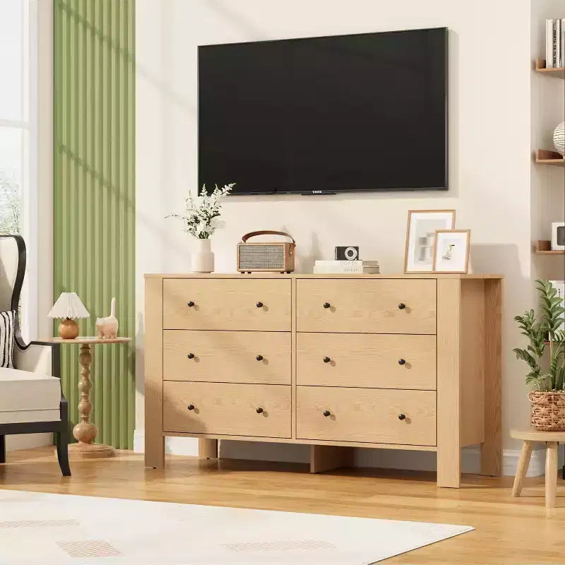Commode 6 tiroirs en chêne naturel pour chambre à coucher, organiseur moderne et large avec tiroirs de rangement
