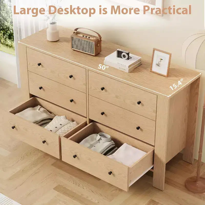 Commode 6 tiroirs en chêne naturel pour chambre à coucher, organiseur moderne et large avec tiroirs de rangement