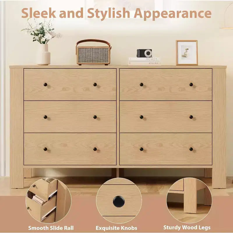 Commode 6 tiroirs en chêne naturel pour chambre à coucher, organiseur moderne et large avec tiroirs de rangement