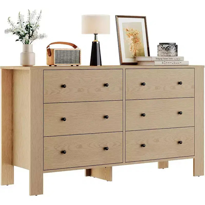 Commode 6 tiroirs en chêne naturel pour chambre à coucher, organiseur moderne et large avec tiroirs de rangement