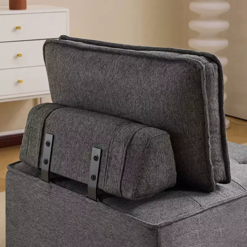 Canapé modulaire en lin gris foncé et bois, taille personnalisable pour petits espaces et tout style de décoration