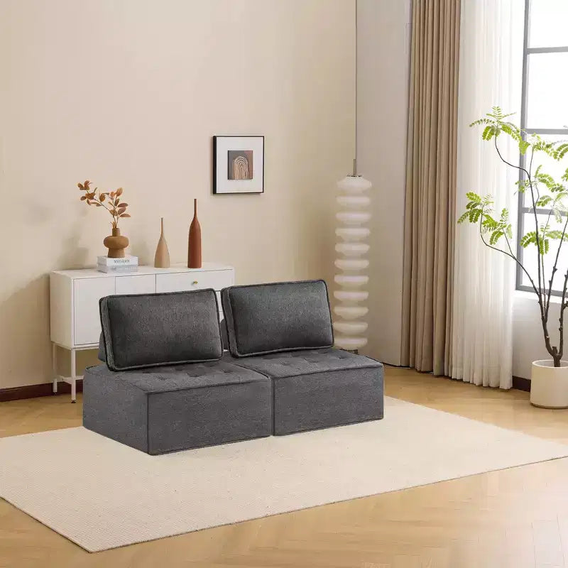Canapé modulaire en lin gris foncé et bois, taille personnalisable pour petits espaces et tout style de décoration