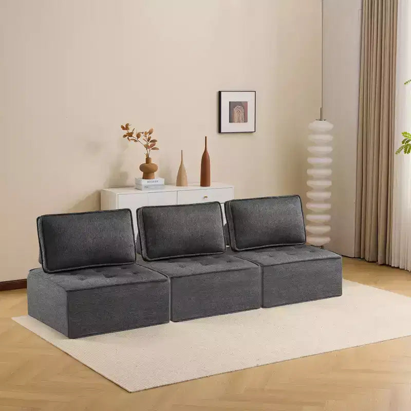 Canapé modulaire en lin gris foncé et bois, taille personnalisable pour petits espaces et tout style de décoration