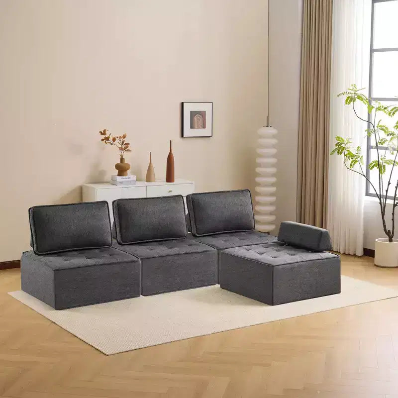 Canapé modulaire en lin gris foncé et bois, taille personnalisable pour petits espaces et tout style de décoration