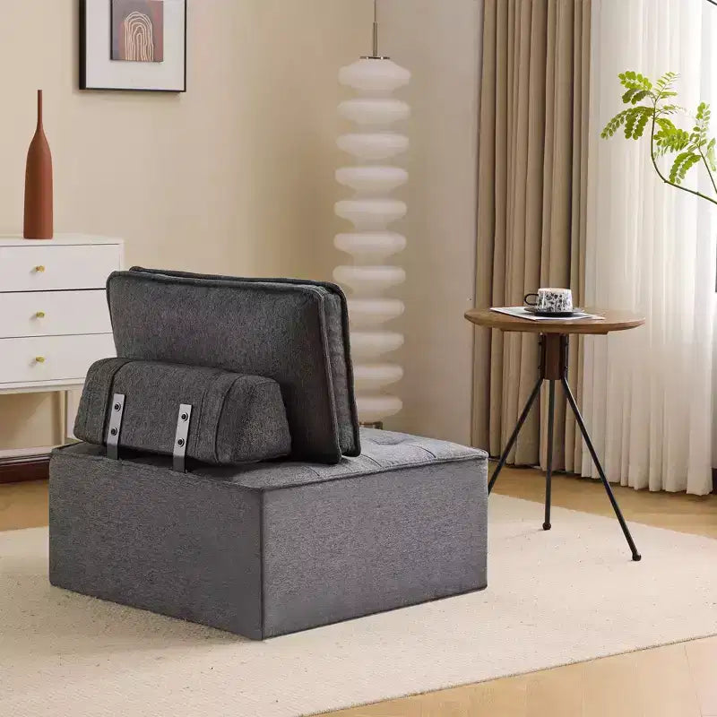 Canapé modulaire en lin gris foncé et bois, taille personnalisable pour petits espaces et tout style de décoration
