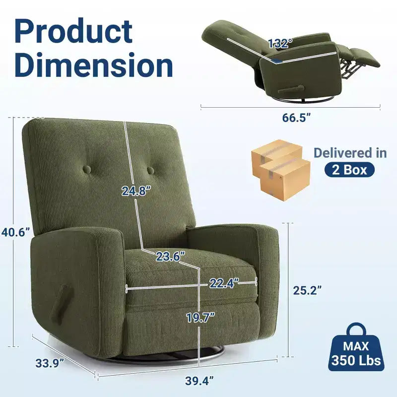 Fauteuil Inclinable Pivotant à 360° Manuel, Fauteuil Glider Rembourré avec Poches Latérales, pour Salon, Chambre, Bureau