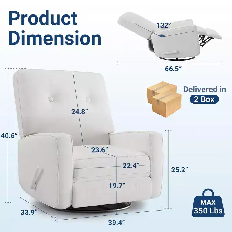 Fauteuil Inclinable Pivotant à 360° Manuel, Fauteuil Glider Rembourré avec Poches Latérales, pour Salon, Chambre, Bureau