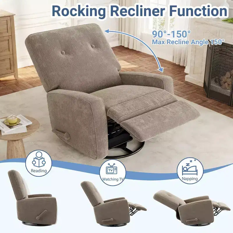 Fauteuil Inclinable Pivotant à 360° Manuel, Fauteuil Glider Rembourré avec Poches Latérales, pour Salon, Chambre, Bureau