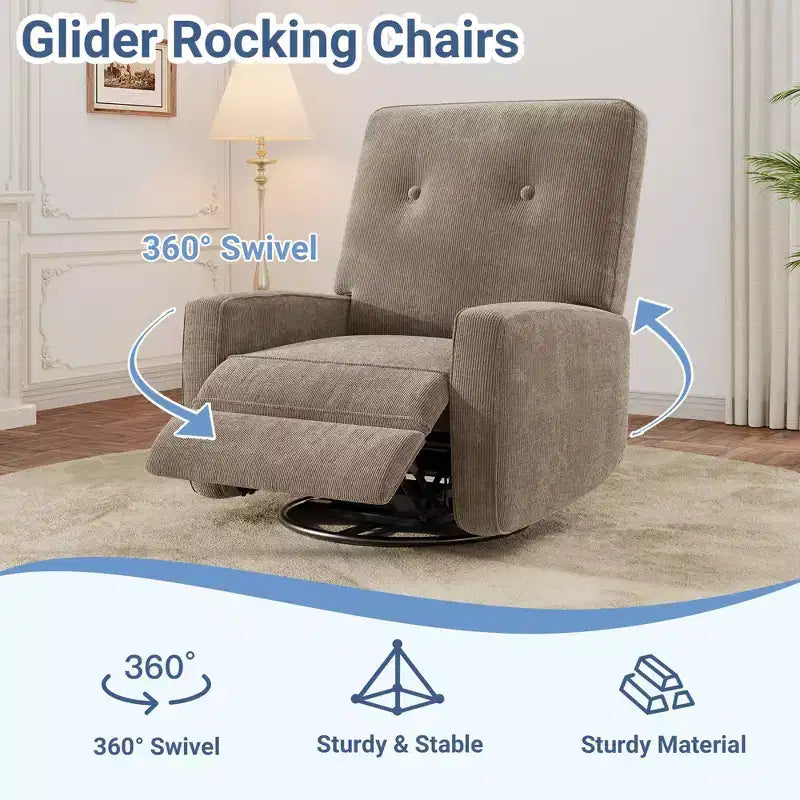 Fauteuil Inclinable Pivotant à 360° Manuel, Fauteuil Glider Rembourré avec Poches Latérales, pour Salon, Chambre, Bureau